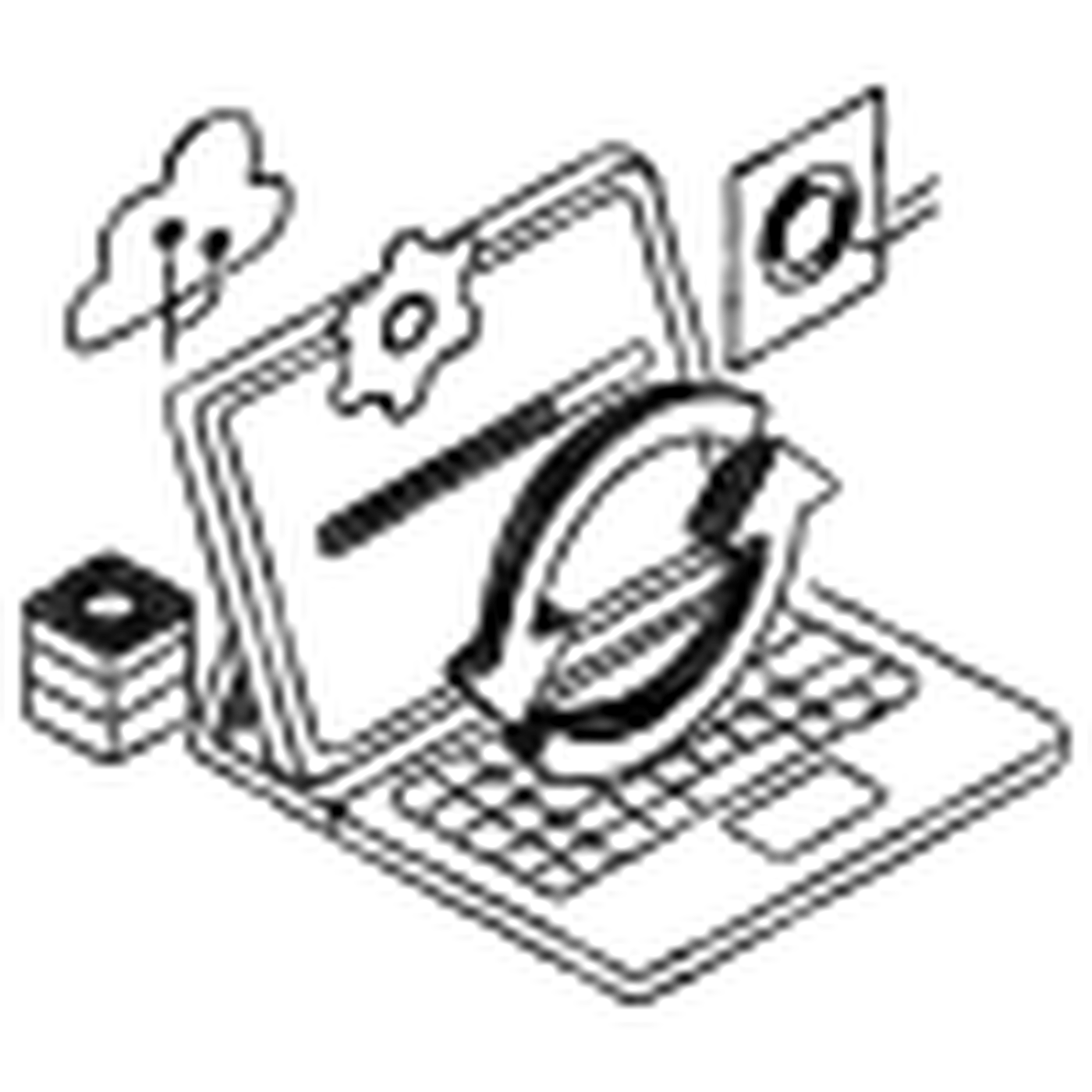 Illustrated programmer working in a controlled software development environment